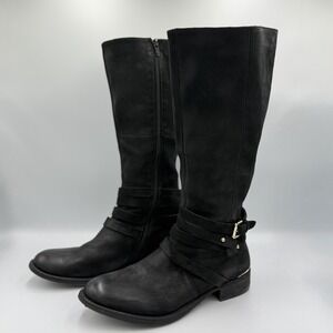 Black Leather Knee High Riding Boots Womens 10 Gold Buckle Moto Side Zip READ